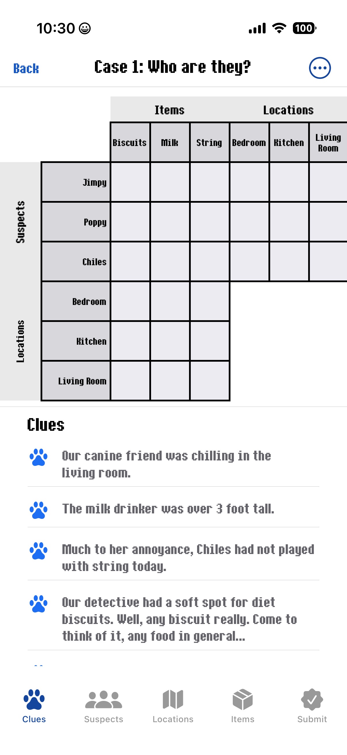 Puzzle screen showing the logic grid and clues tab