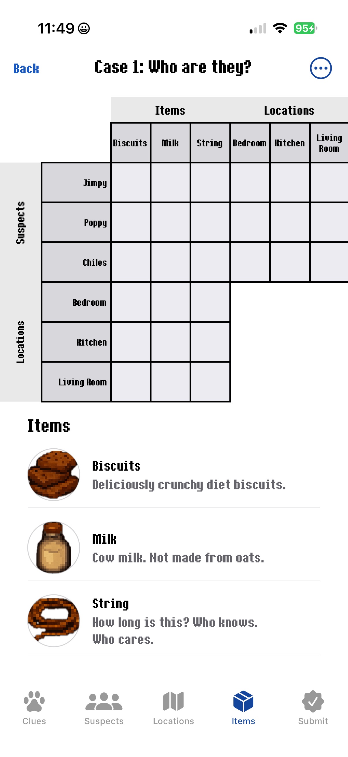 Puzzle screen showing the logic grid and items tab