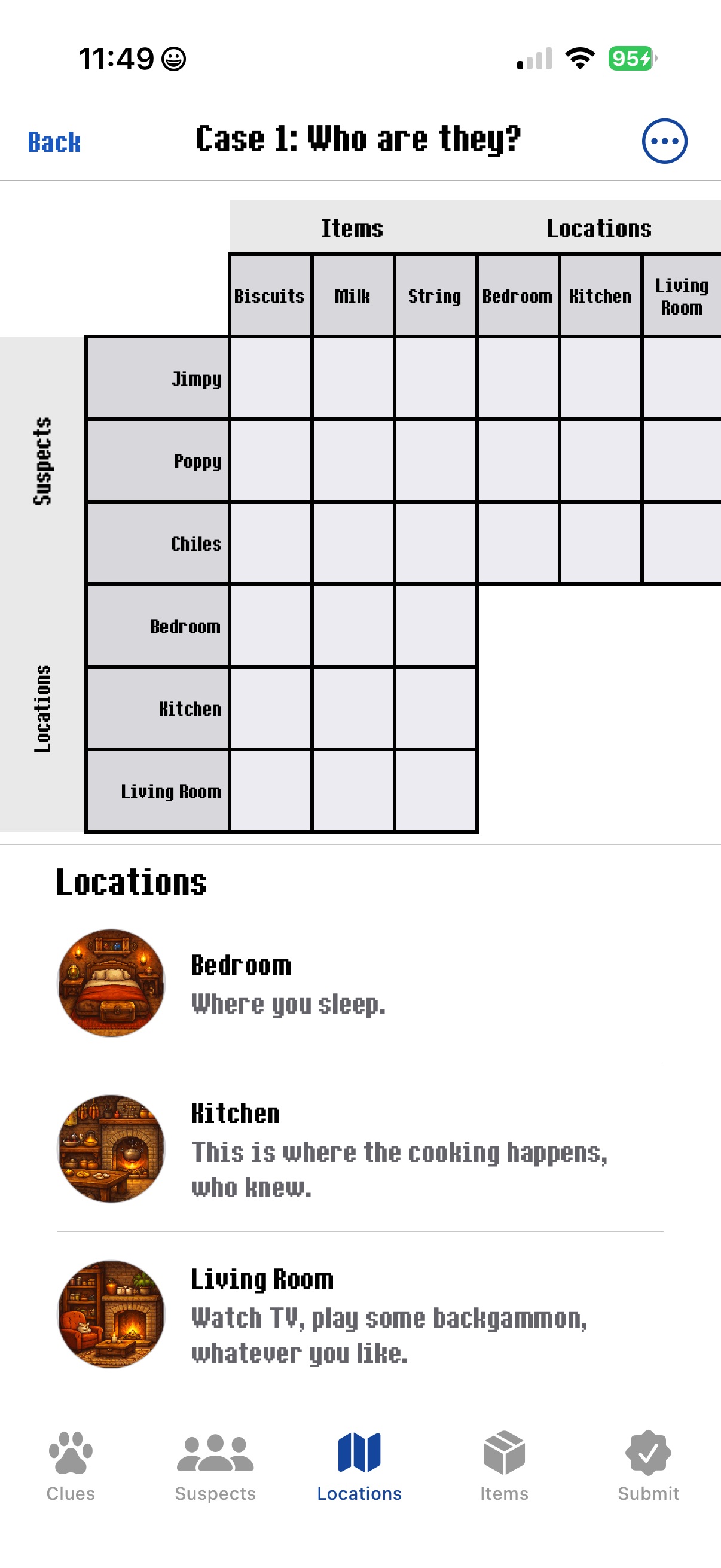 Puzzle screen showing the logic grid and locations tab