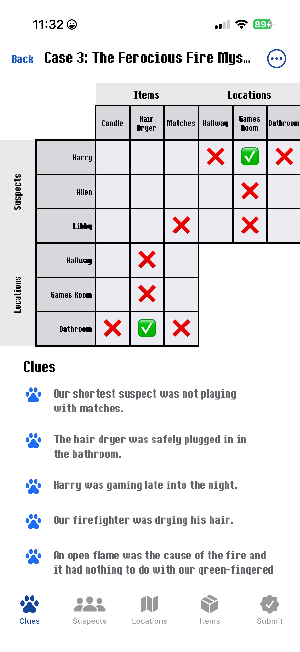 Puzzle screen showing logic grid gameplay