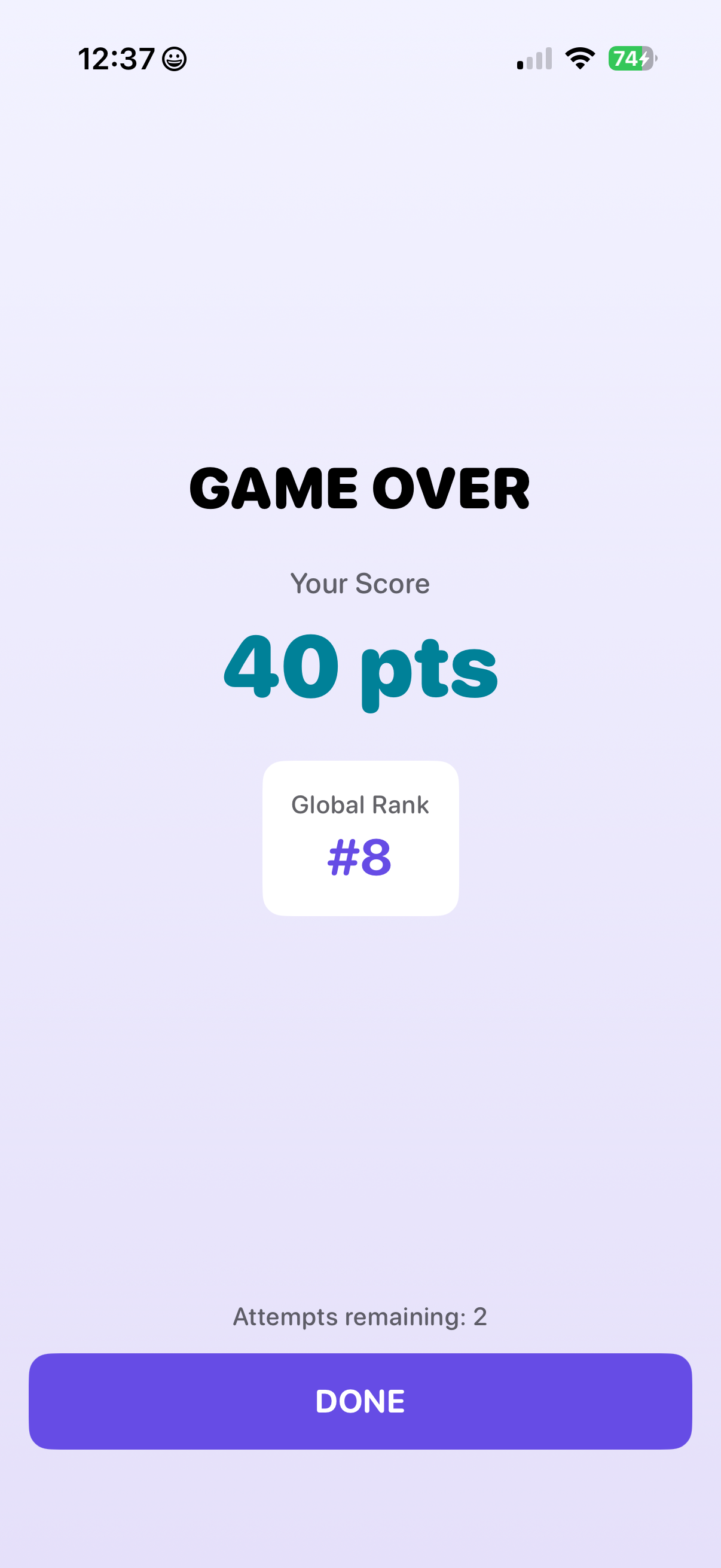 Pattern Match game over screen