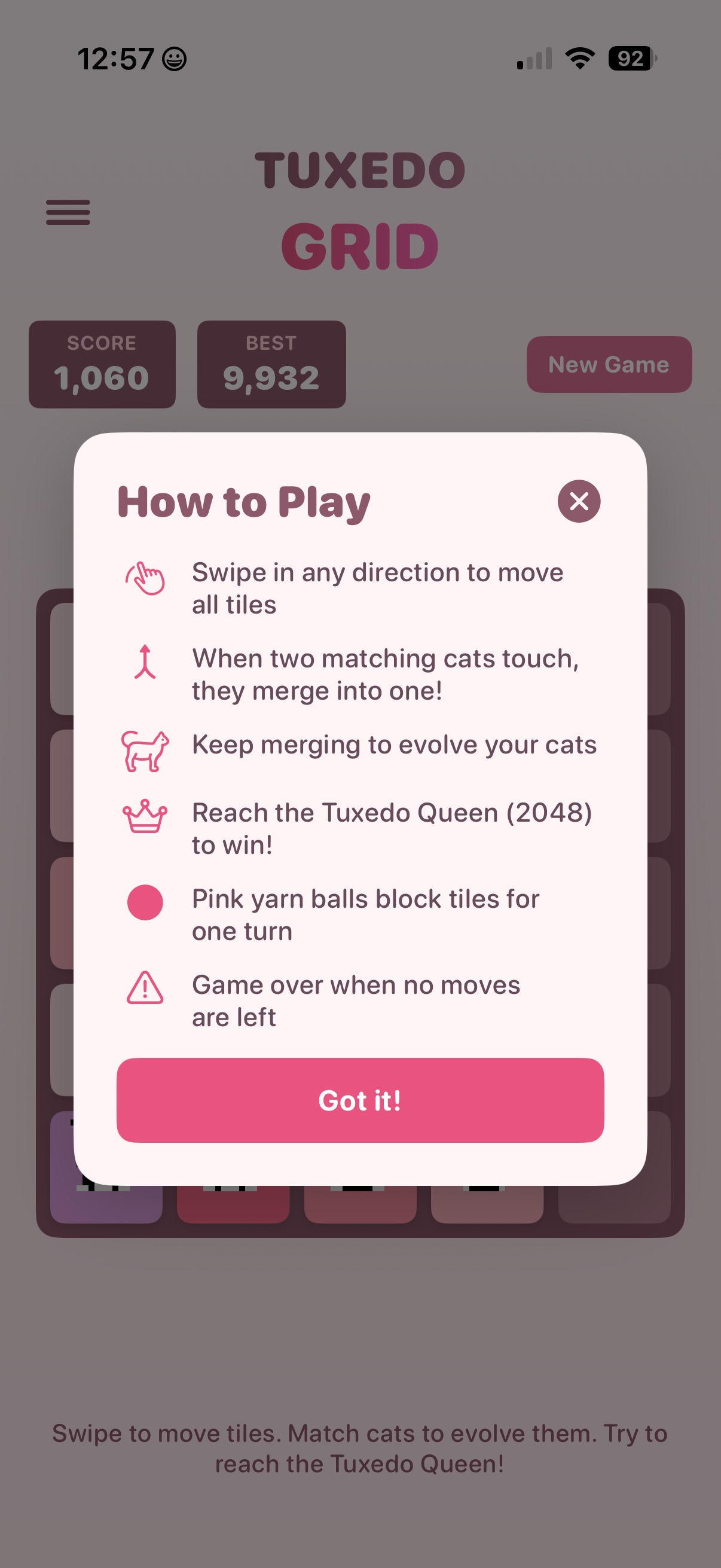 Tuxedo Grid showing how to play